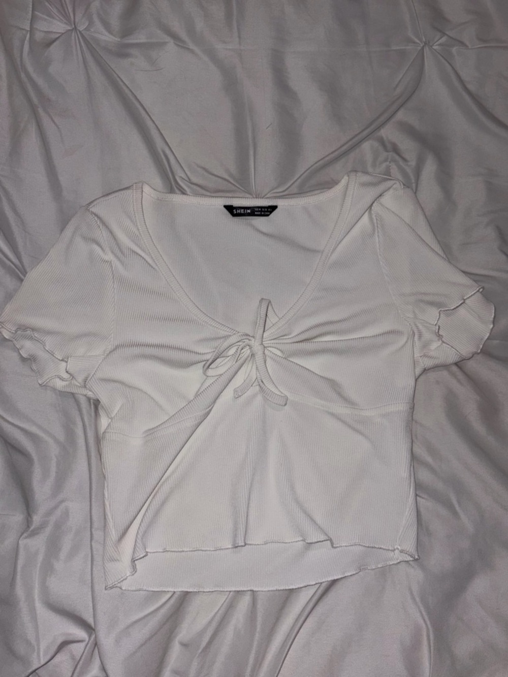 SHEIN White Ribbed Tie-Front Crop Top
